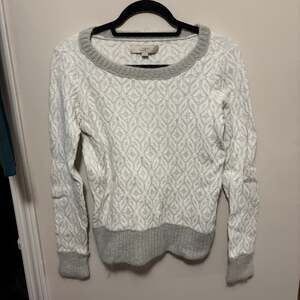 LOFT Gray and White Geometric Textured Knit Crew Neck Sweater